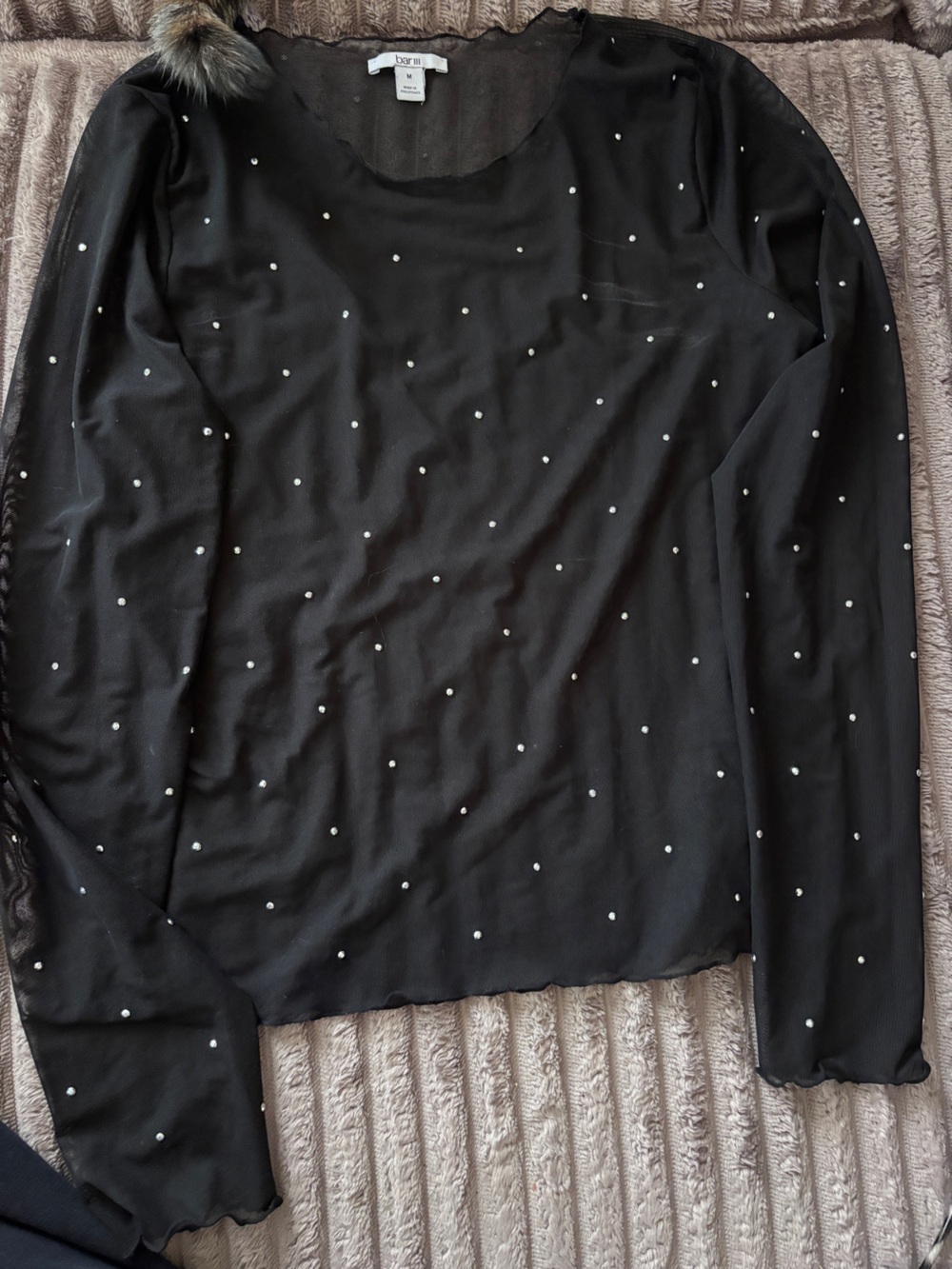 Bar III Black Long Sleeve Top with Rhinestones Dot Embellishments